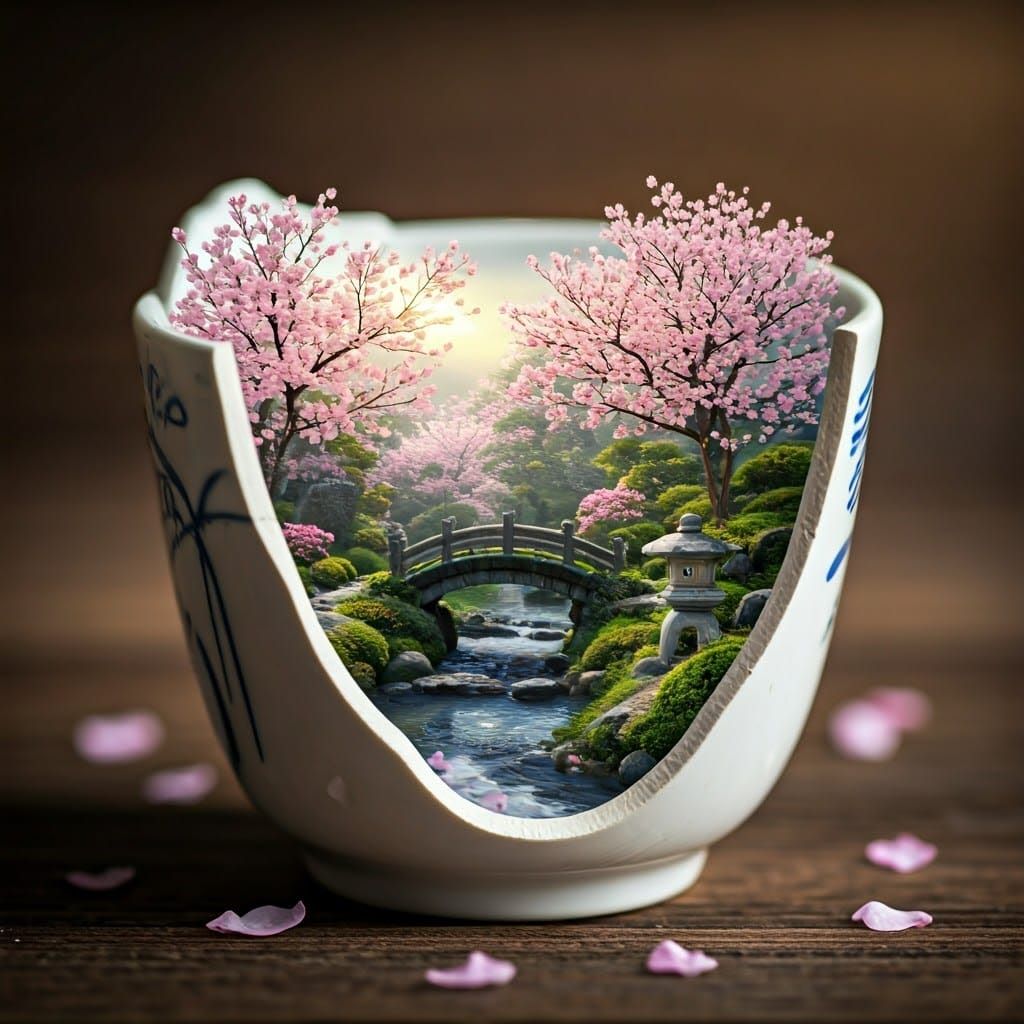 Ancient Ceramic Cup Frames Serene Sakura Garden in Tradition...