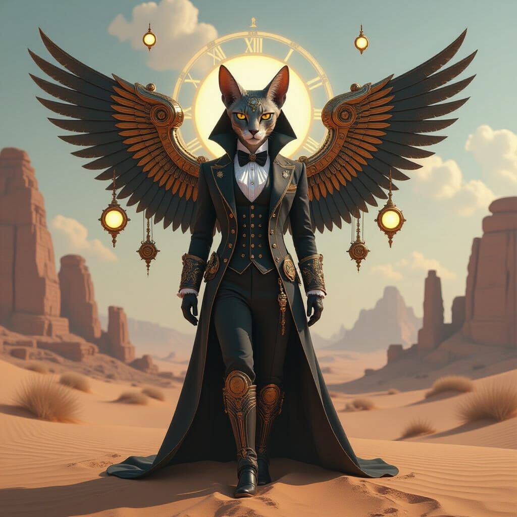 A regal steampunk sphinx with intricate clockwork gears forming its wings and body, wearing a tailored ...  by @C Allen