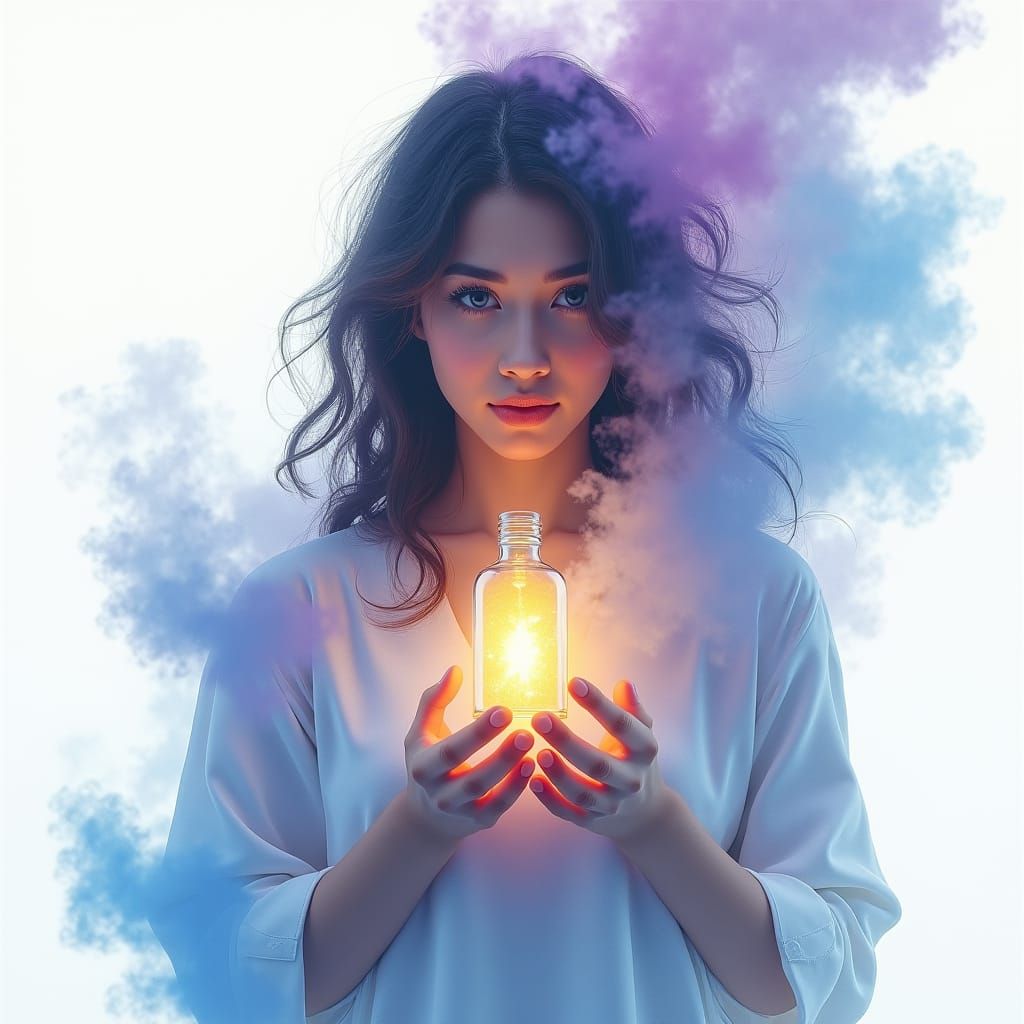 Ethereal Woman with Glowing Vial in Fantasy Art