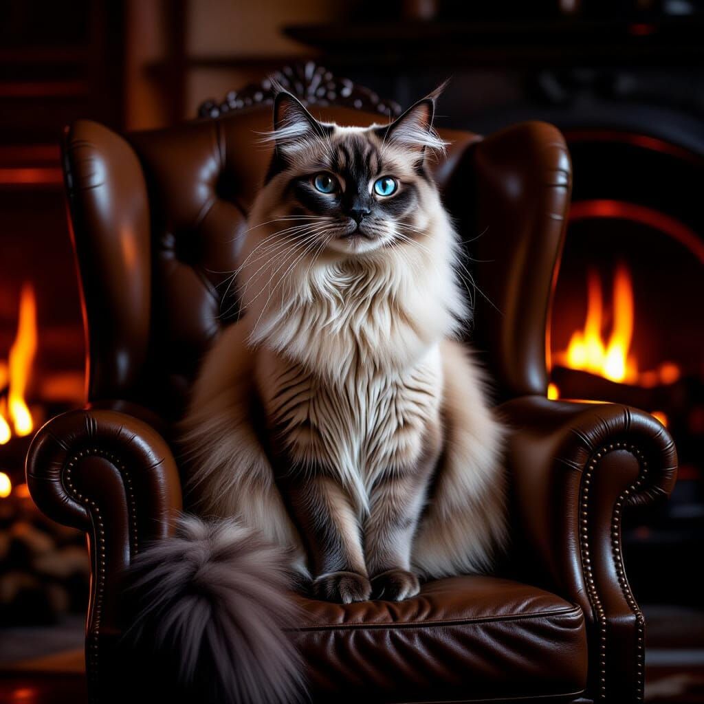 Majestic Siamese Cat on Leather Chair by Fireplace