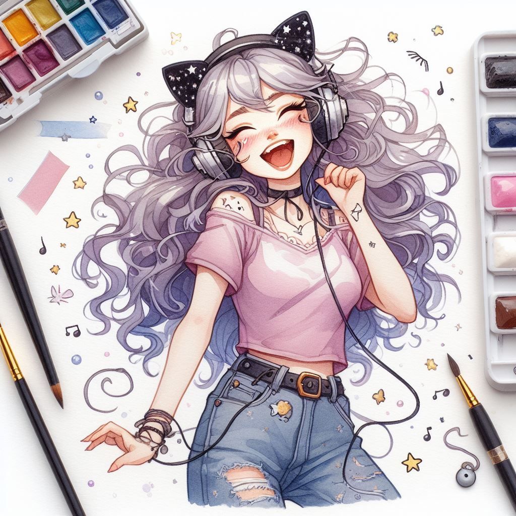 watercolor drawing of a cute laughing young seventeen-year-old Russian woman