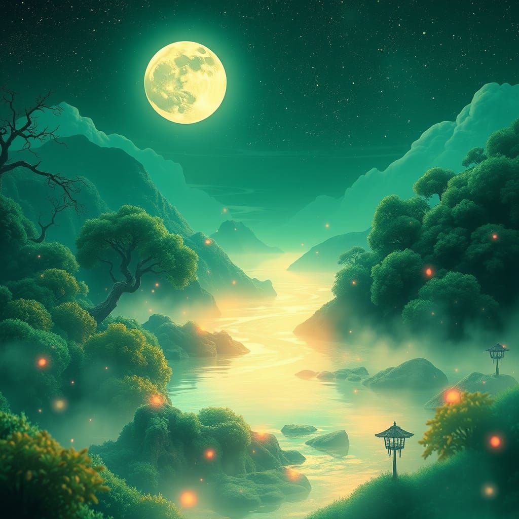 Hyperrealistic Moonlit Landscape in Dreamy, Neon Hues