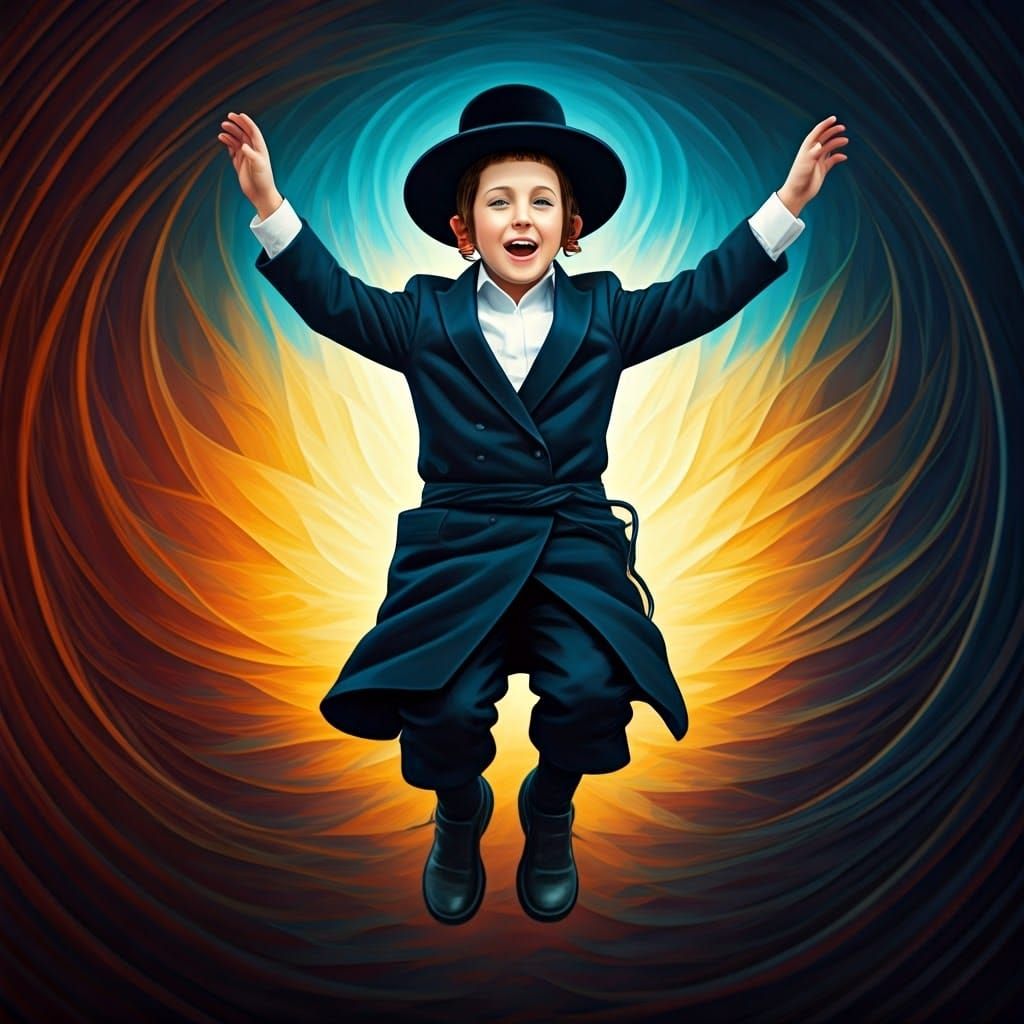 Boy in Mid-Air Jump with Abstract Background