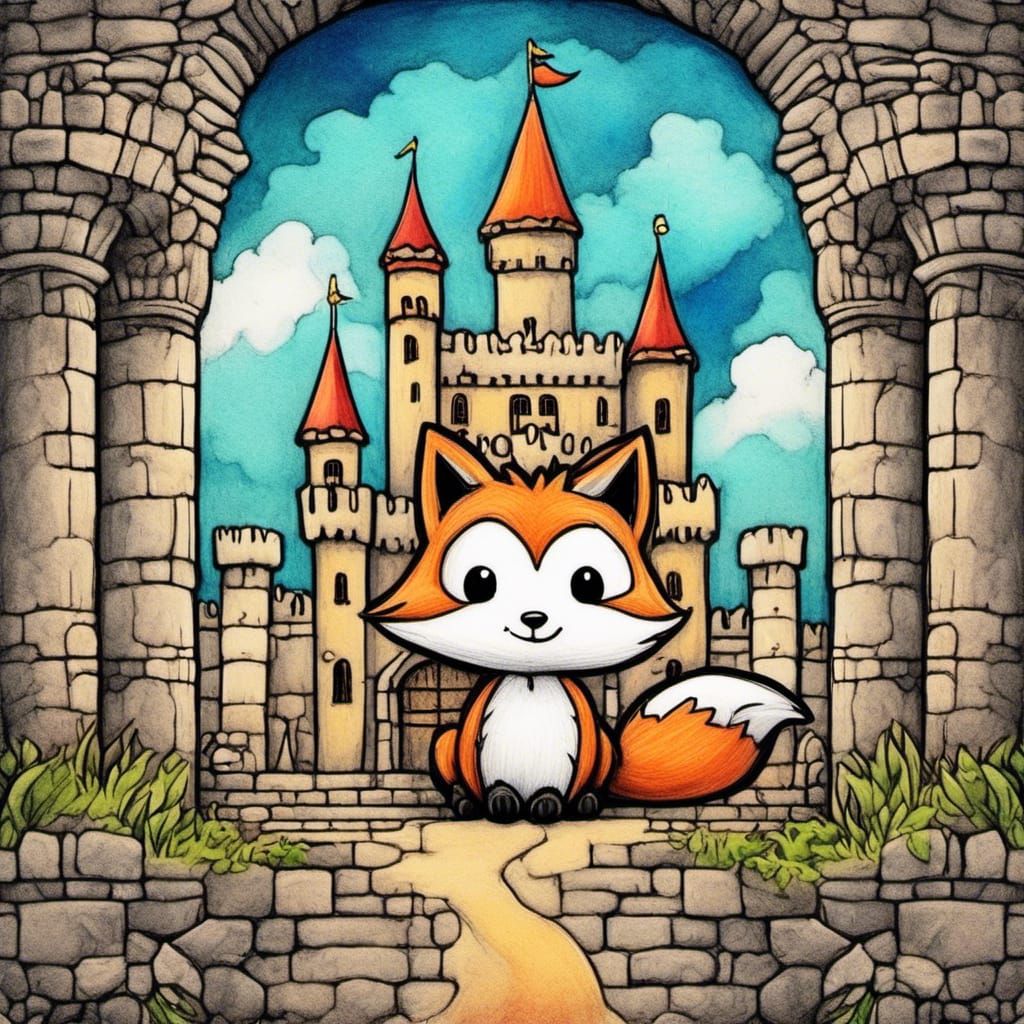 <lora:Crayon Story Book:1.0>the tiny fox king in the castle, crayon art, chibi, story book art