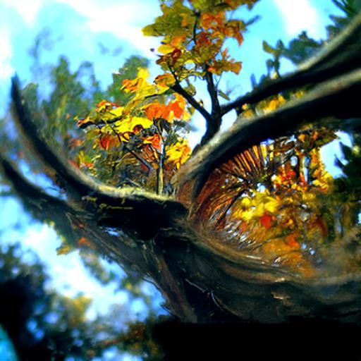 Worm’s eye view of the forest canopy in autumn