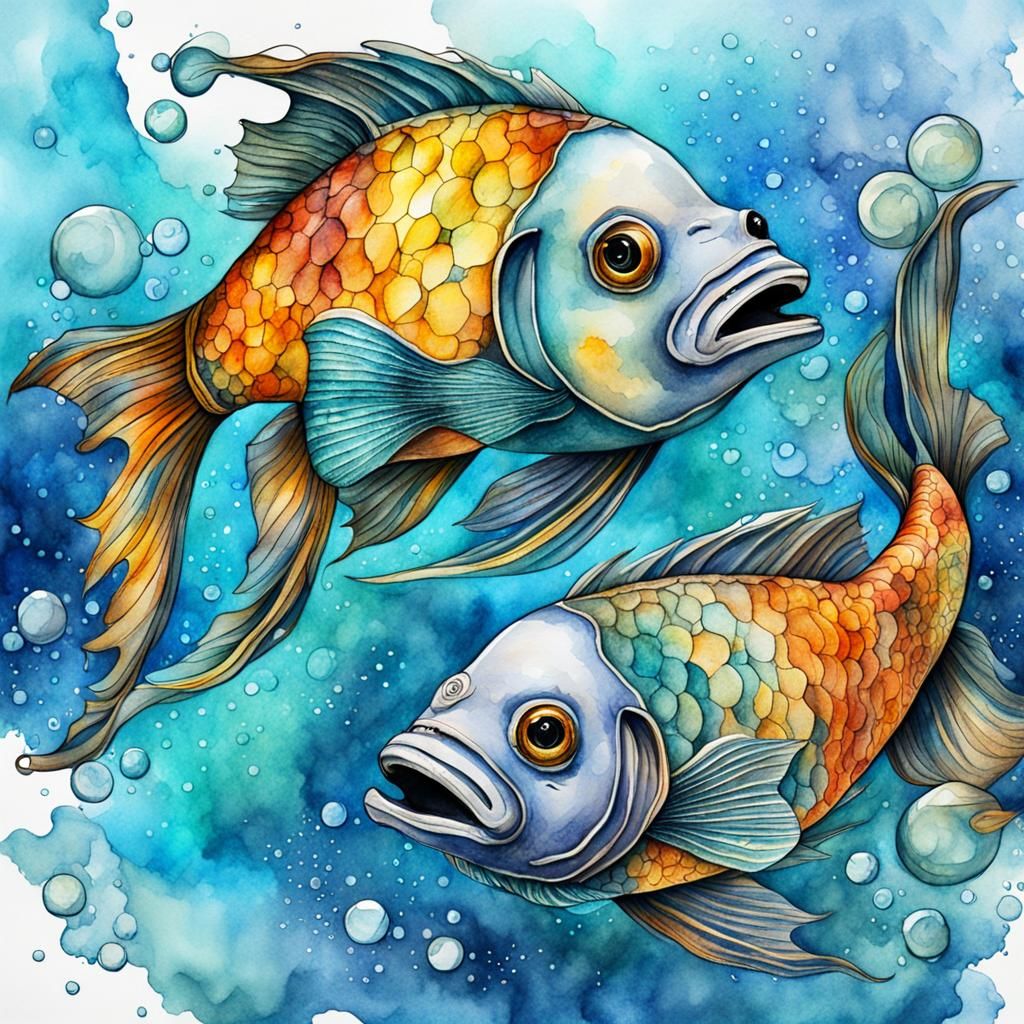 Pisces zodiac sign, two fish, watercolor, pencil sketch, ink...
