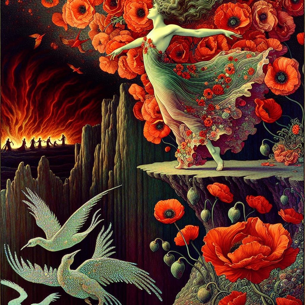 Beautiful woman throughing Poppies jumping off a cliff falli...