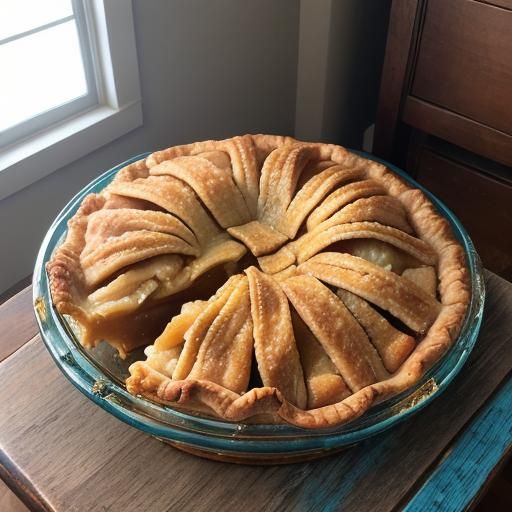 Freshly baked apple pie in a reused blue glass pie dish on a negative