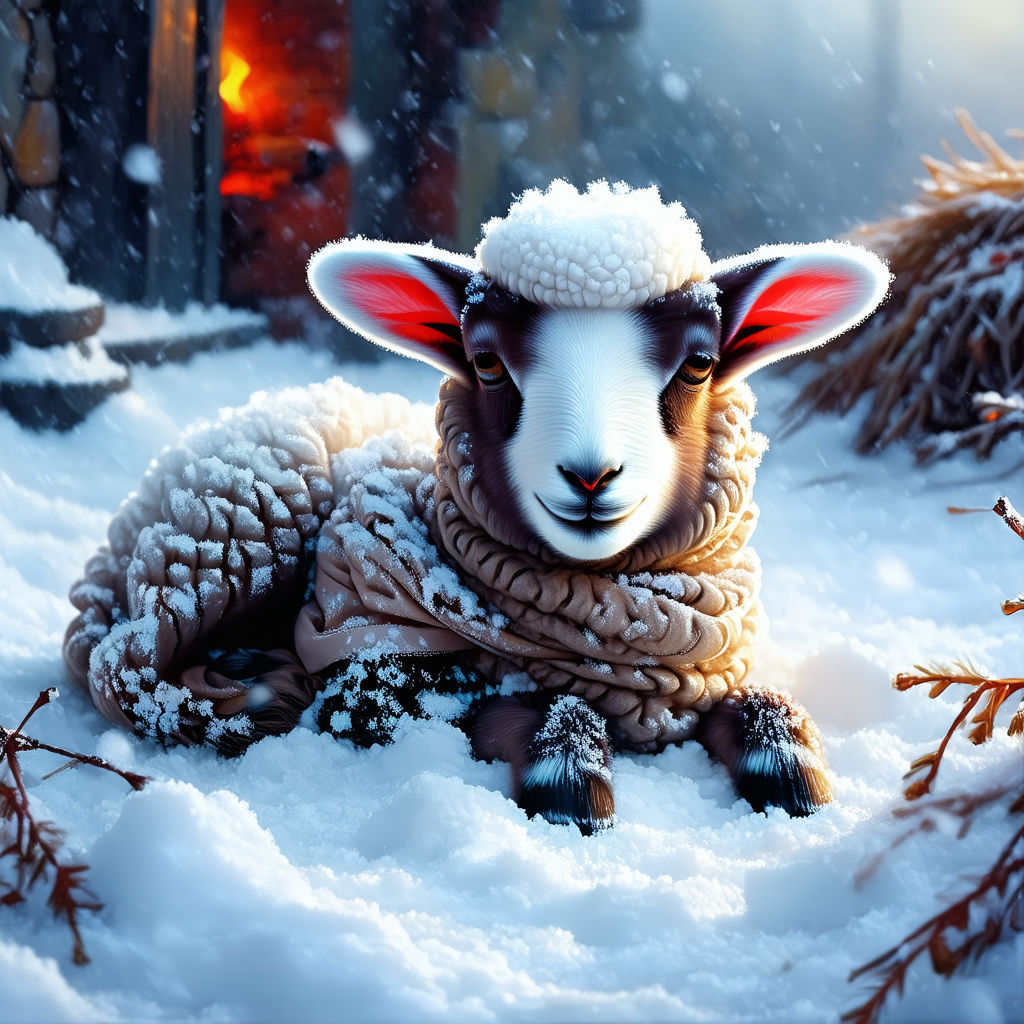 Baby Lamb is laying in deep snow  - Animal Digital Paintings