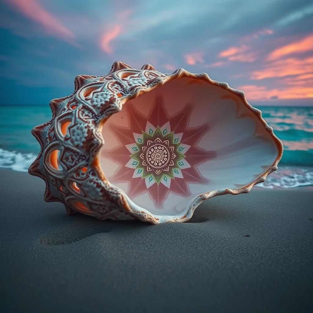 large seashell with interact mandala patterns carved on it  with cut outs on the beach with water and pink and purple highlights then add th...