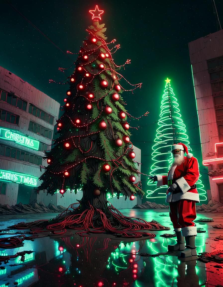 The end of the world, robot Santa Claus, Chrismas tree, gree...