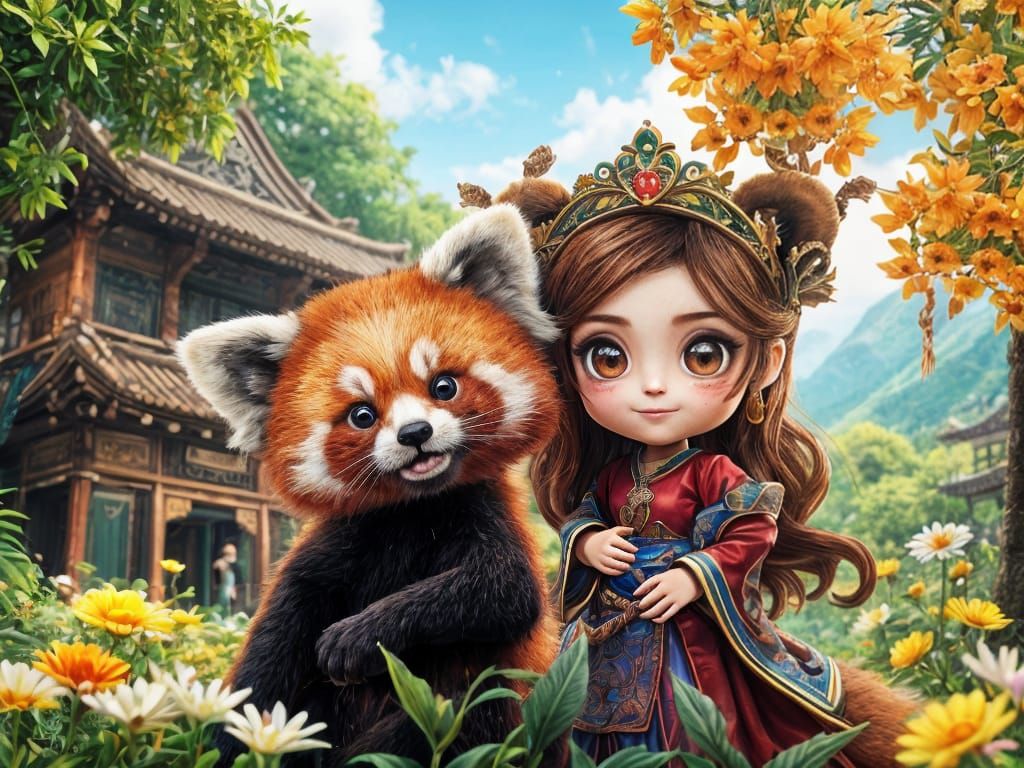 Red Panda and Princess in Lush Kawaii Forest