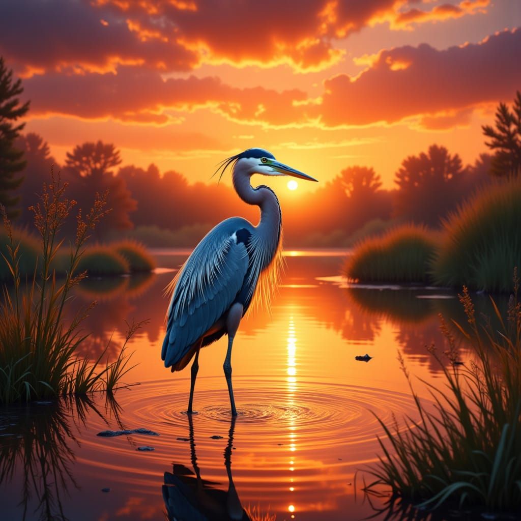 <lora:Heron:1.0>vibrant sunset pond endangered heron tim flach style