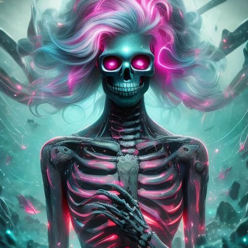 alternative woman Skeleton Glowing Horns Neon hair dynamic lighting<lora:BBones:1.0> 