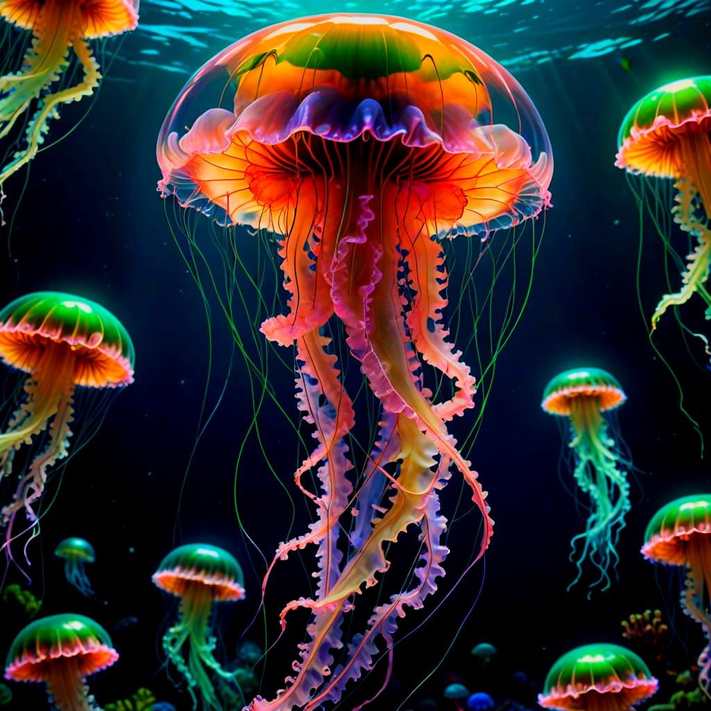 A surreal jellyfish floating in deep ocean waters.  by @Cute dog