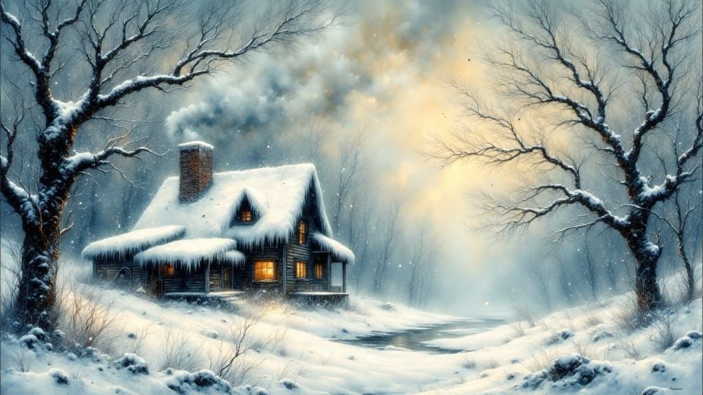 charles dickens snowy landscape, trees, snow cabin,  <lora:Alcohol Ink Grunge:1.0>