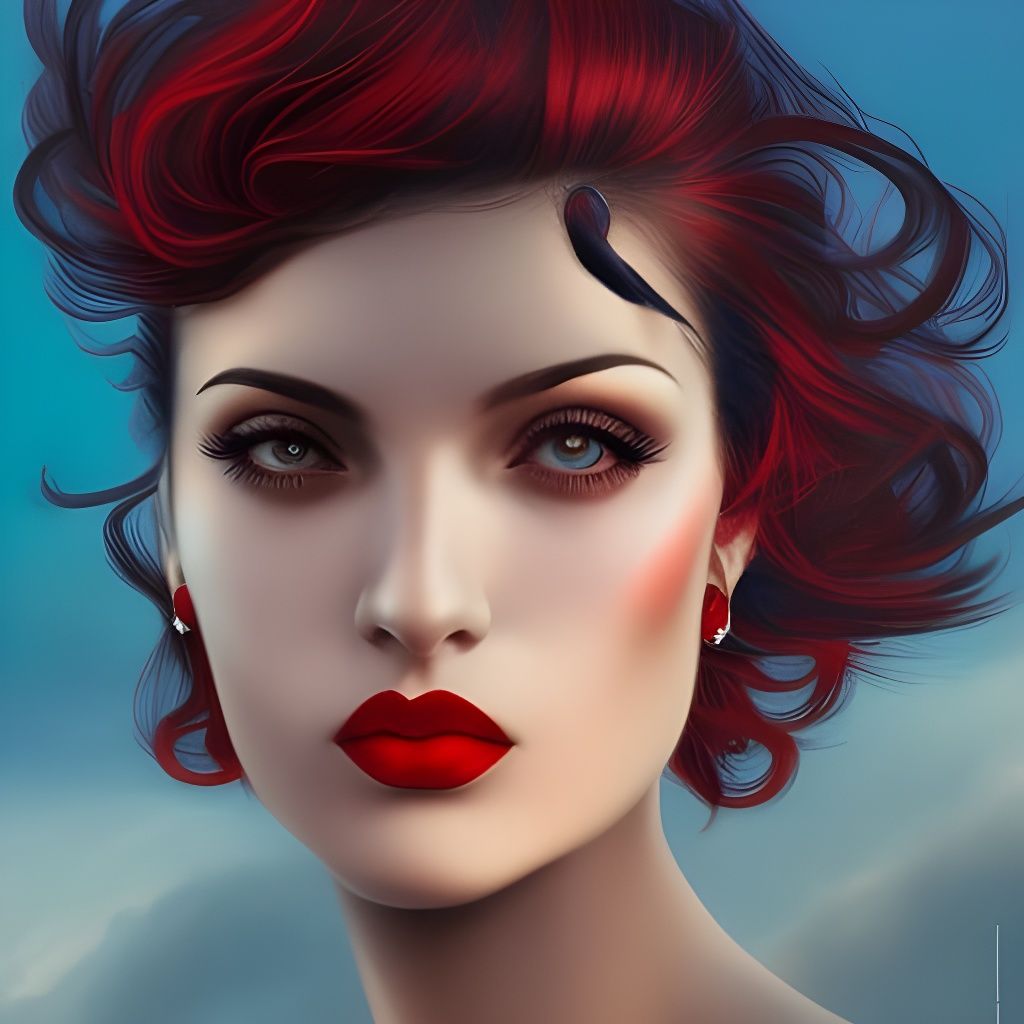 Female 20s Vintage Dark Blue And Red Stunning Face Windblowing Short