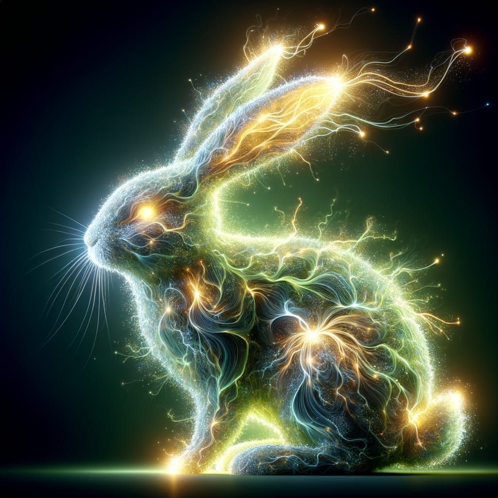 Bunny rabbit made of pure energy, electrical energy, sparks and bright ...