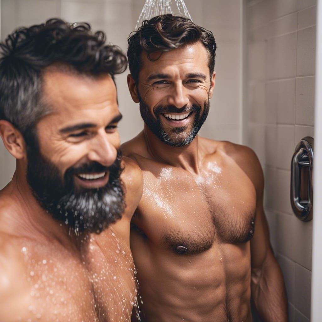 Handsome Dad Adult Son Young Showering Together Gay Dad Hairy Chest Dad Short Hair Dad 2687
