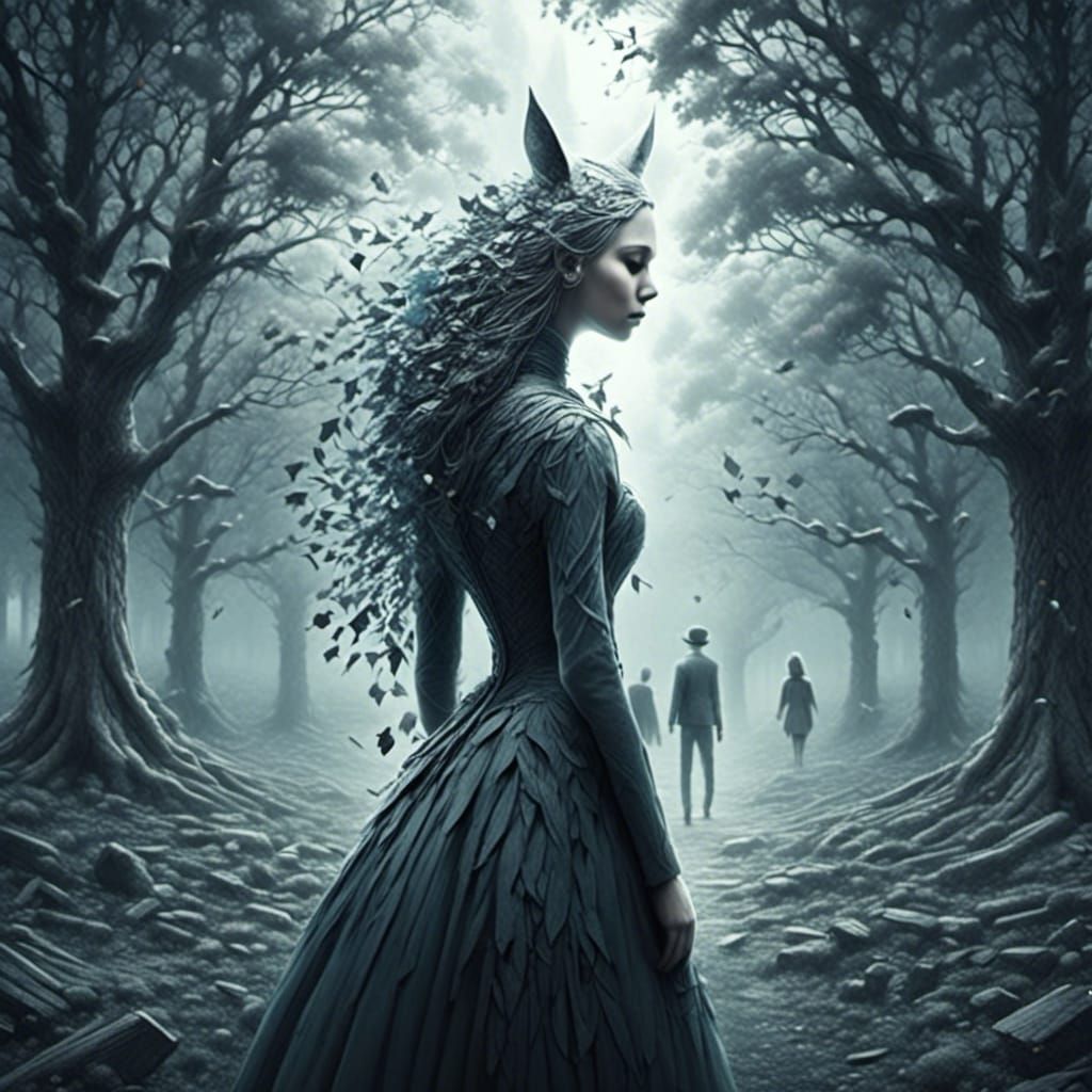 <lora:magination v1:1.0> <lora:Pencil drawing:1.0> "In a deem black and white forest, discover a hidden village of magical beings in black a...