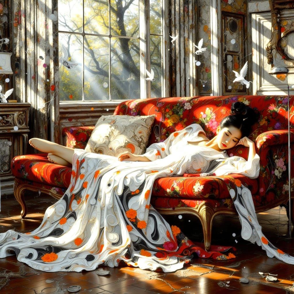 Beautiful painting In the style of <lora:JPO:1.0>. Beautiful Geisha laying down on the couch, graceful pose, under the beautiful light filte...