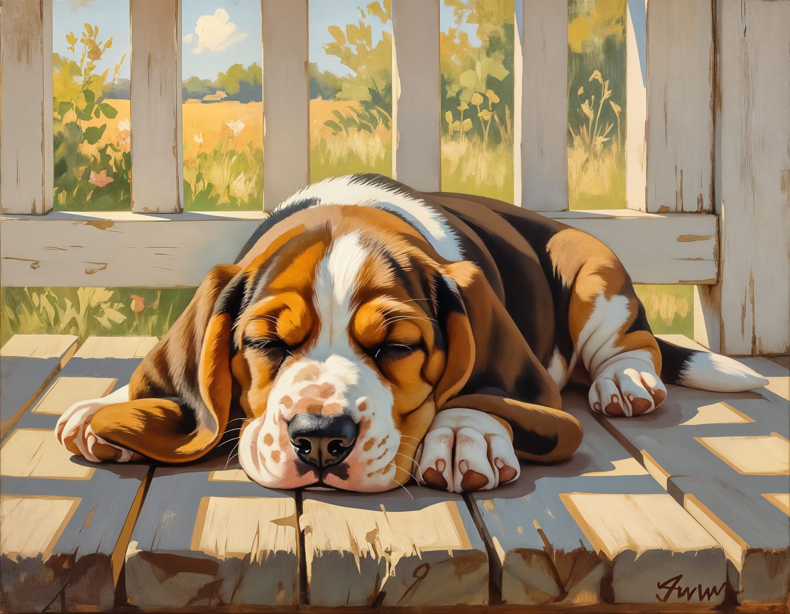Sleepy Basset Hound Pup on Porch in Oil Painting Style