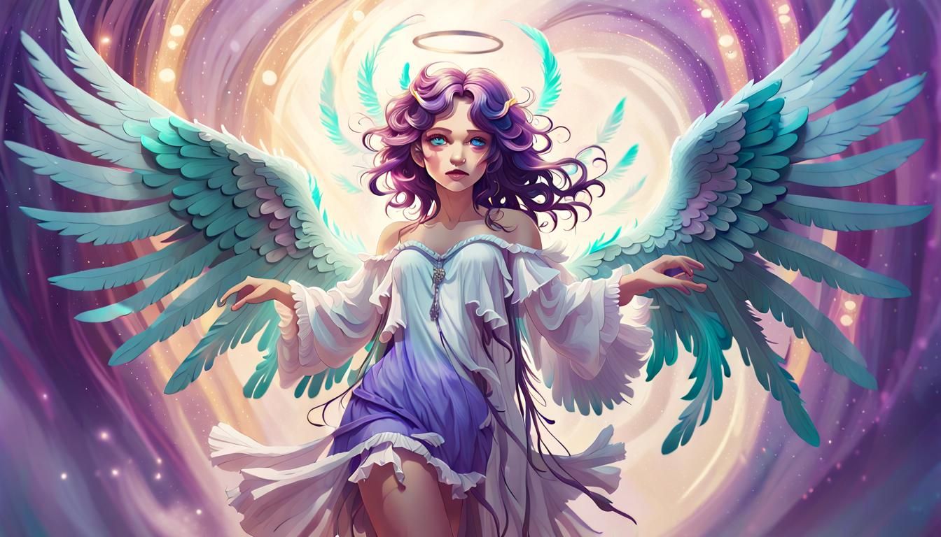 Playful Angel with Swirling Magic, a Digital Masterpiece