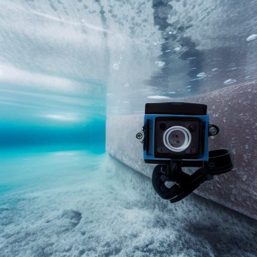 underwater camera in a frozen mountain lake