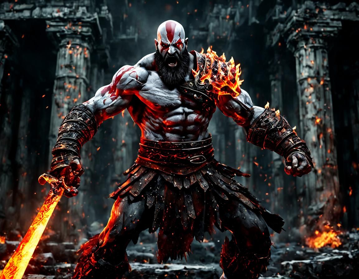 Illustrate Kratos in a fierce battle stance, wielding the Bl...