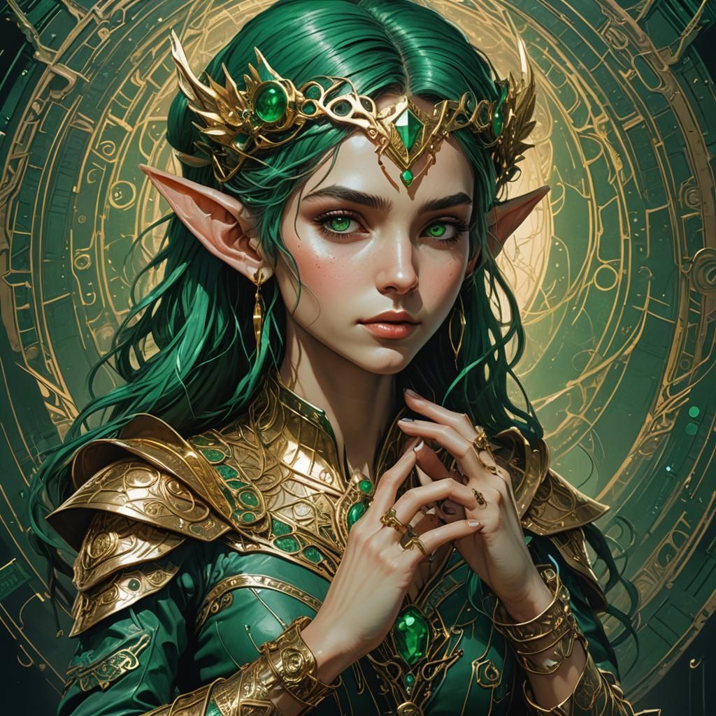 photorealistic aetherpunk portrait of beautiful elf looking at her ...