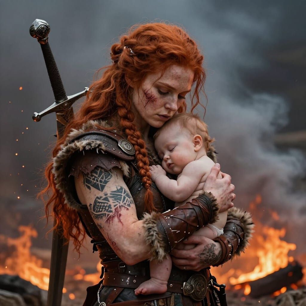 A fierce red-haired warrior mother standing amid drifting embers and smoke, holding a sleeping infant ...  by @Tiger princess 