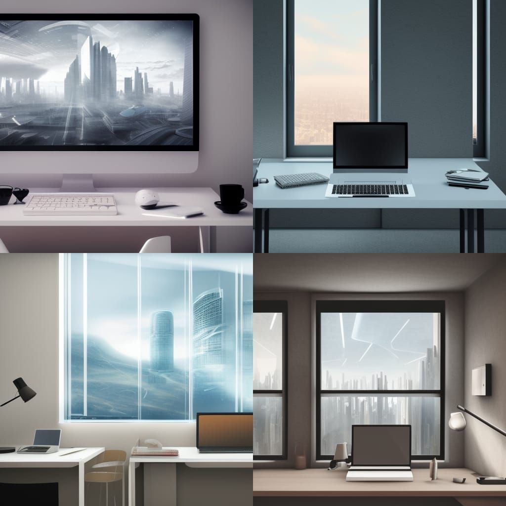 Home office, minimalist desk, computer, large window with a ...