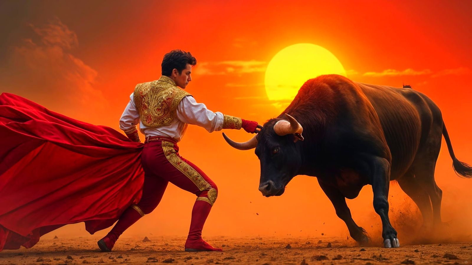 With a dramatic fiery red sunset in the background a young matador Waves a bright red silk cape in front ...  by @Oddly Enough