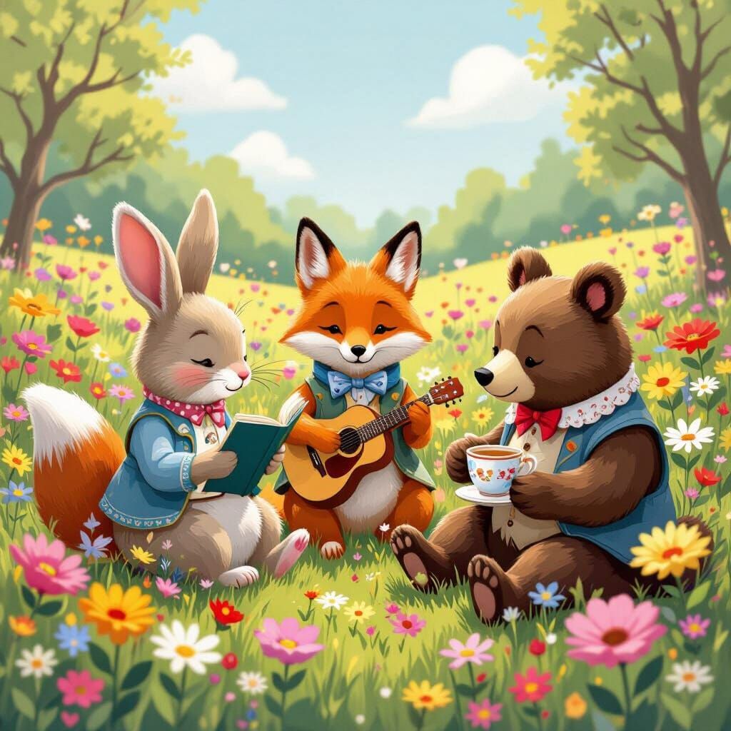 It’s a bright spring day. The three animal friends are happy. The bunny is reading a book, it changes the page of the bo...