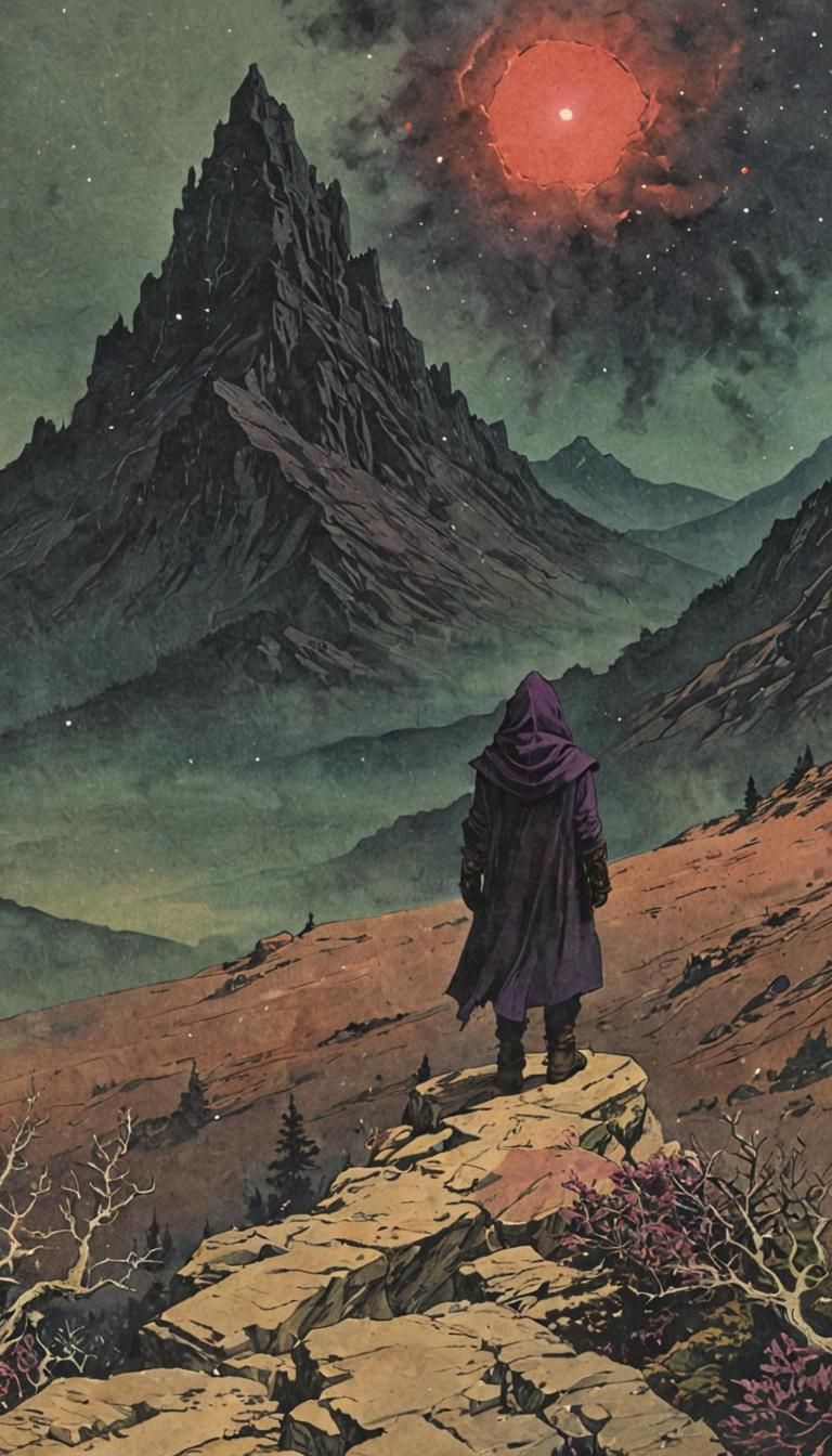 Dark Fantasy Traveler Gazing at Misty Mountain