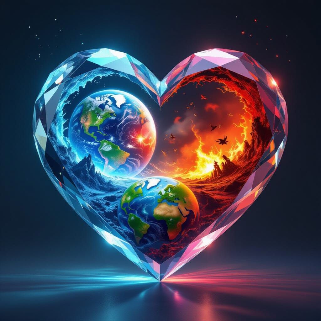 心形透明水晶 内有两三个世界相撞。一个是以蓝色为主题，代表温顺，细腻的世界。一个是以红色为主题，浴血，杀戮的末日世界。一个是以绿色为主题，生机勃勃，茂盛的世界。