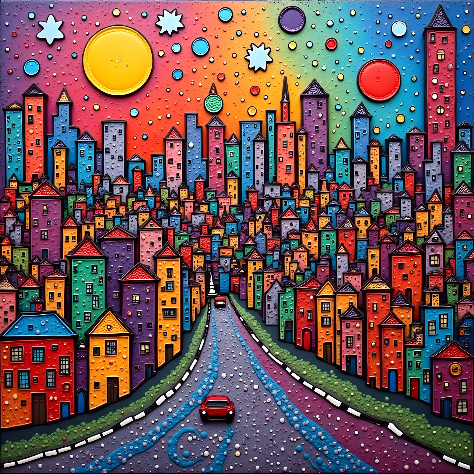 rainbow city, textured, mixed media, <lora:Texture Craft:1.0>