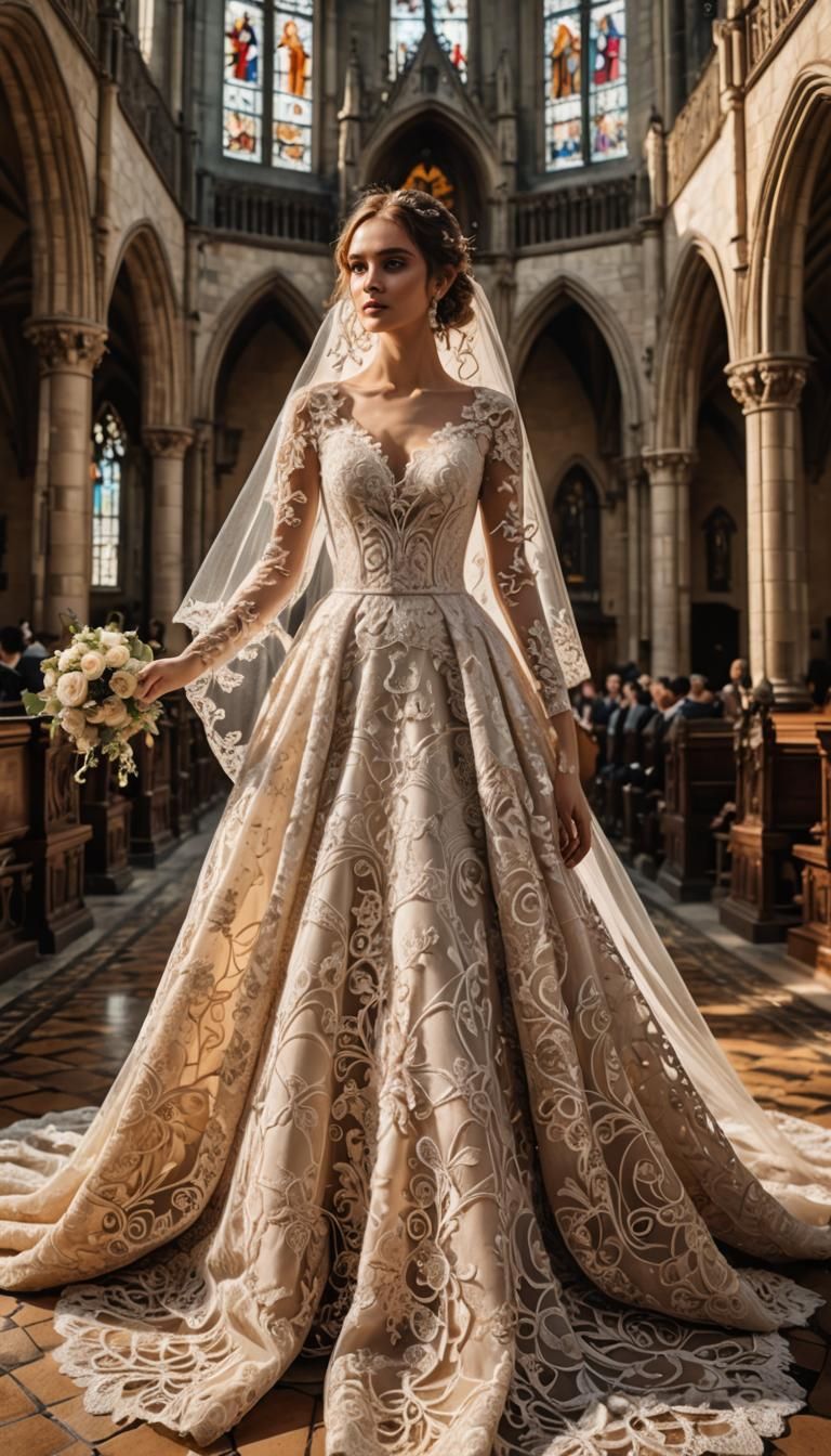 Bride with an intricate designed lace wedding gown, elegant,...