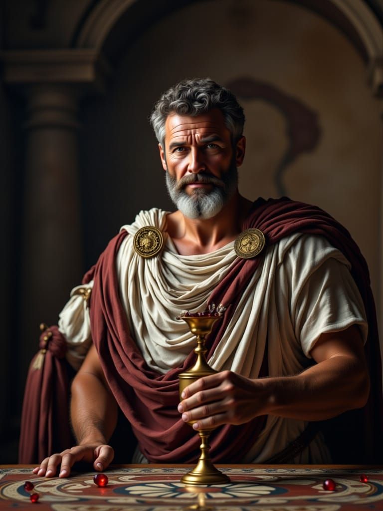 Middle-aged Roman nobleman <lora:SPQR male:1.0> in an intricately draped, snowy white toga with subtle grey undertones, adorned with a flowi...