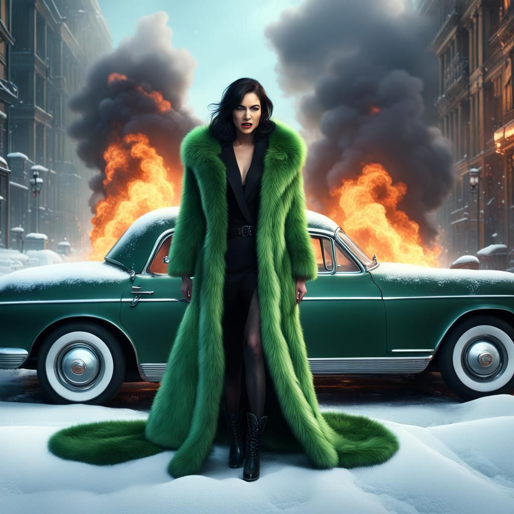 Female Mafia Boss Black Hair Green Eyes Fur Coat Boots Laughing Wings female-mafia-boss-black-hair-green-eyes-fur-coat-boots-laughing-wings