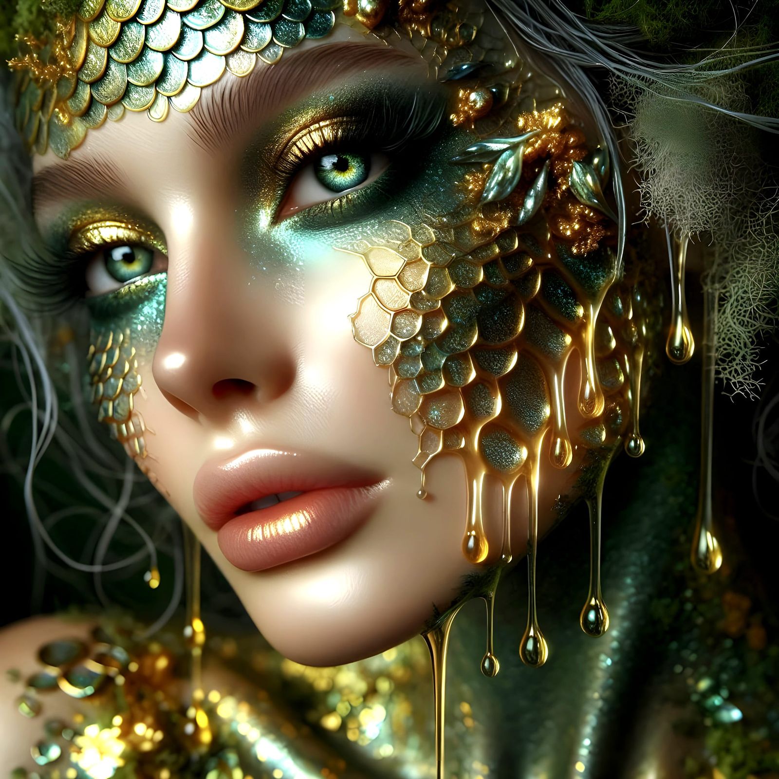 moss, gold filigree, and tiny luminescent details