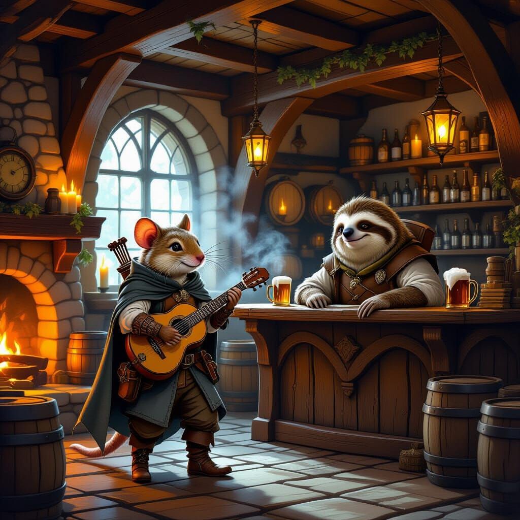 A detailed fantasy scene inside a cozy medieval tavern lit by warm candlelight. Finn, an anthropomorphic forest mouse adventurer in worn tra...