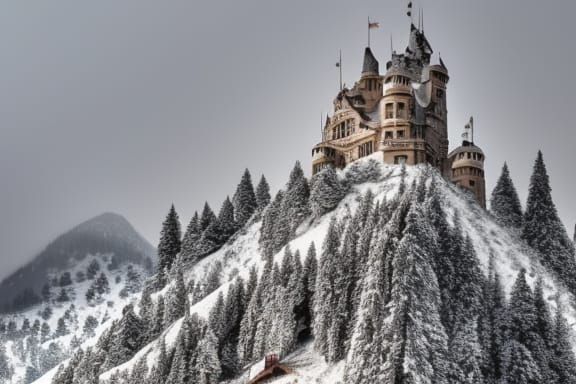 A castle on a snowy mountain.