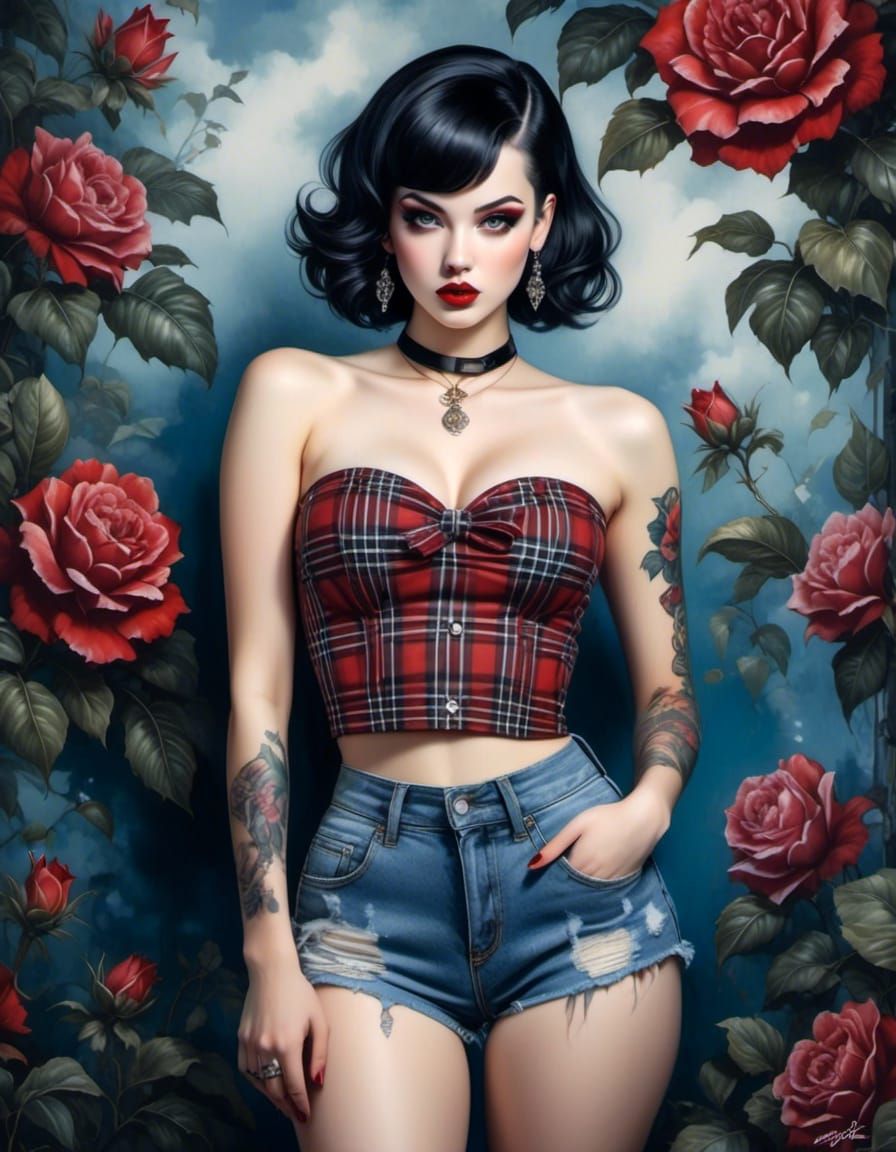 <lora:Pinup:1.0> stunning full body portrait Gorgeous gothic chick in matching jet and white tartan strapless tube top and high waisted shor...
