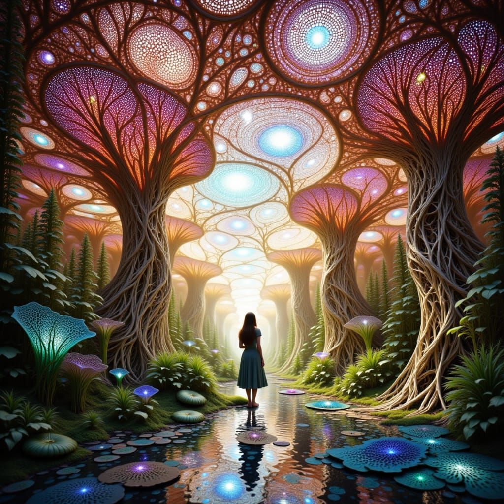 <lora:Eco Flow:1.0> MAGNIFICENT DEPTH OF FIELD PORTAL IN AN ART GALLERY ROOM WITH STRANGEST STYLIZED CURVY ART FORMS, THE PORTAL LEADS TO A ...