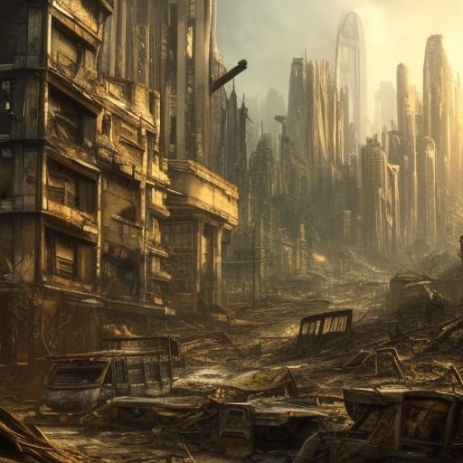 a post-apocalyptic cityscape where nature reclaims a crumbling ...