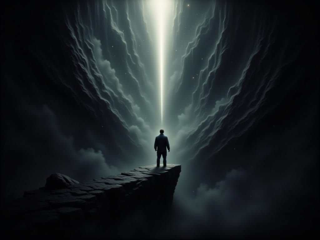 Figure Reaches for Light in Dark Abyss