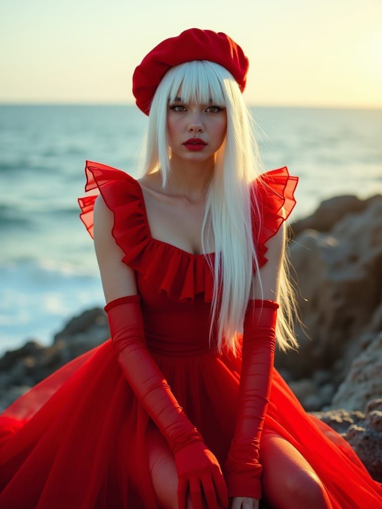 A image shows a woman with long white hair covering her full...