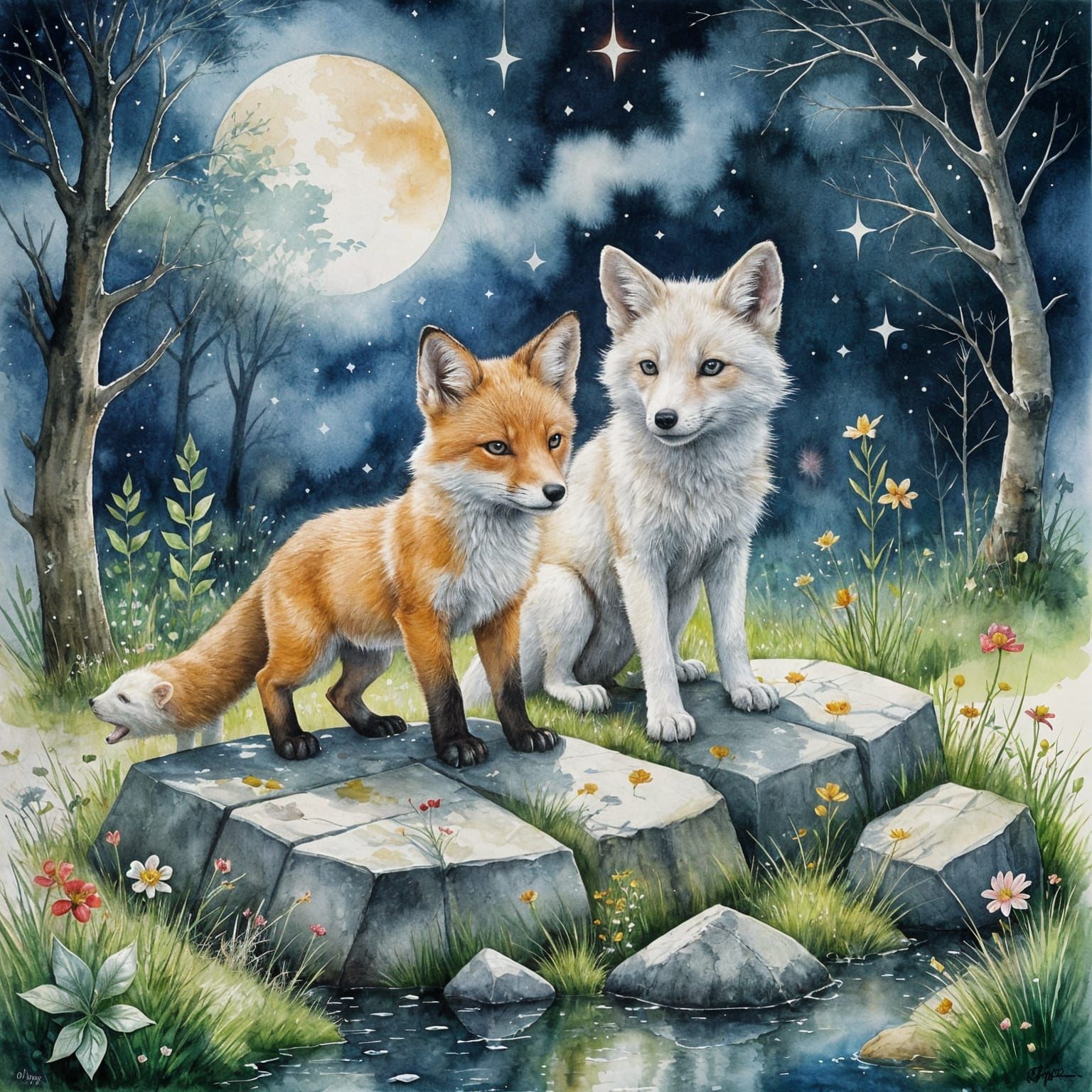 Fox and Wolf Cubs Play Under Starry Sky