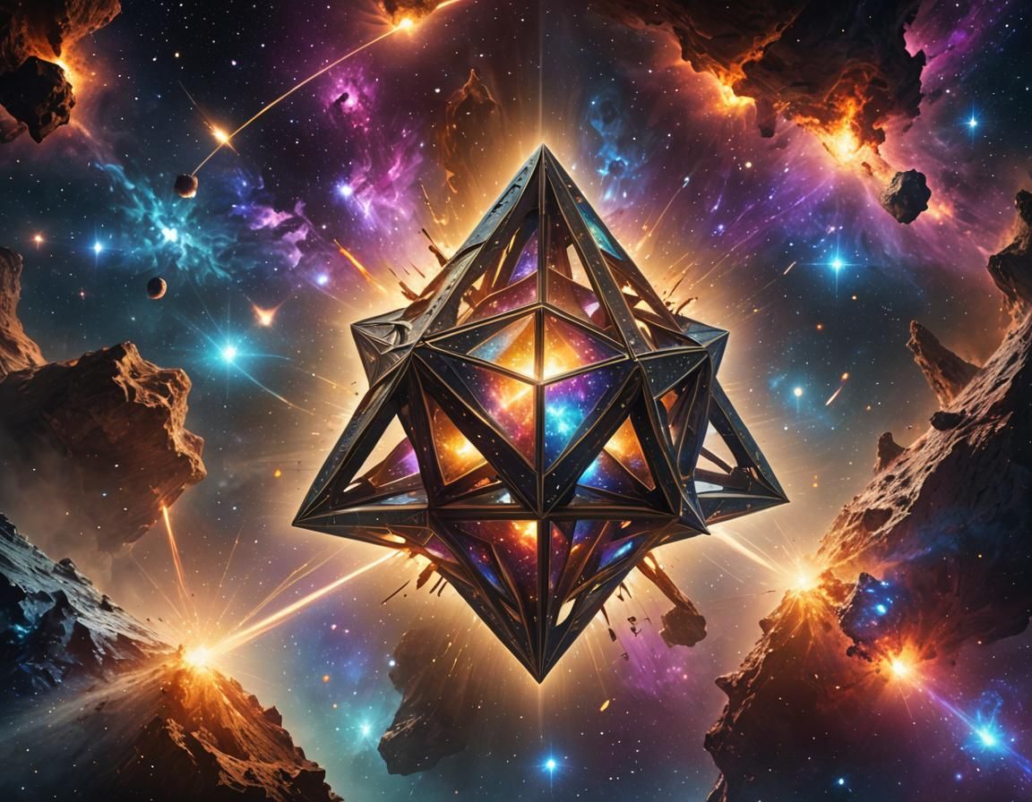 Create high quality image, a in the middle a Tetraeder that ...